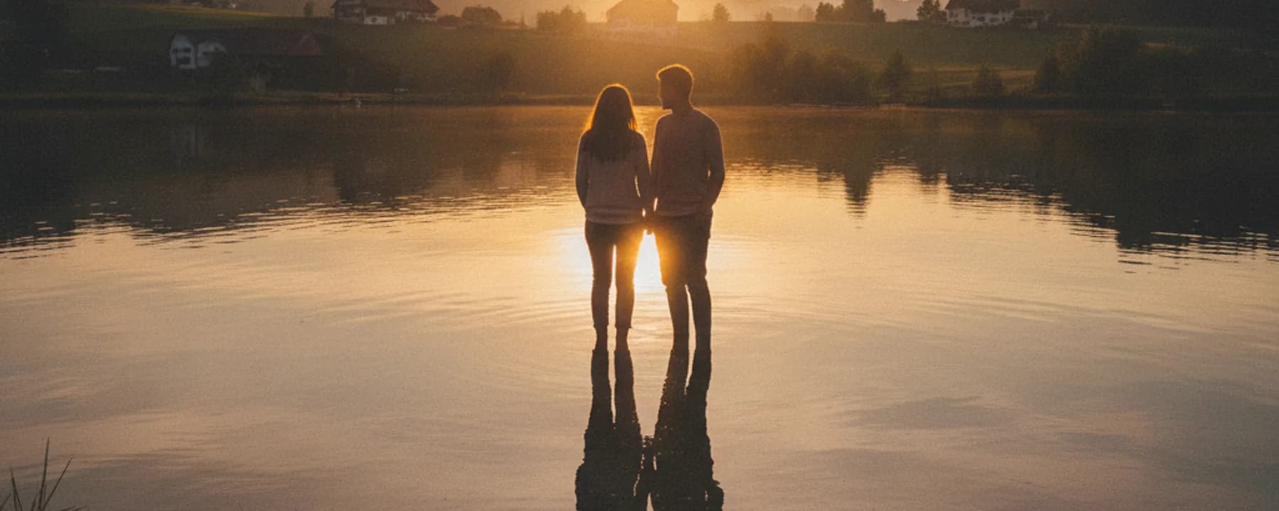 Paar am Ufer eines Sees bei Sonnenuntergang, Panoramablick