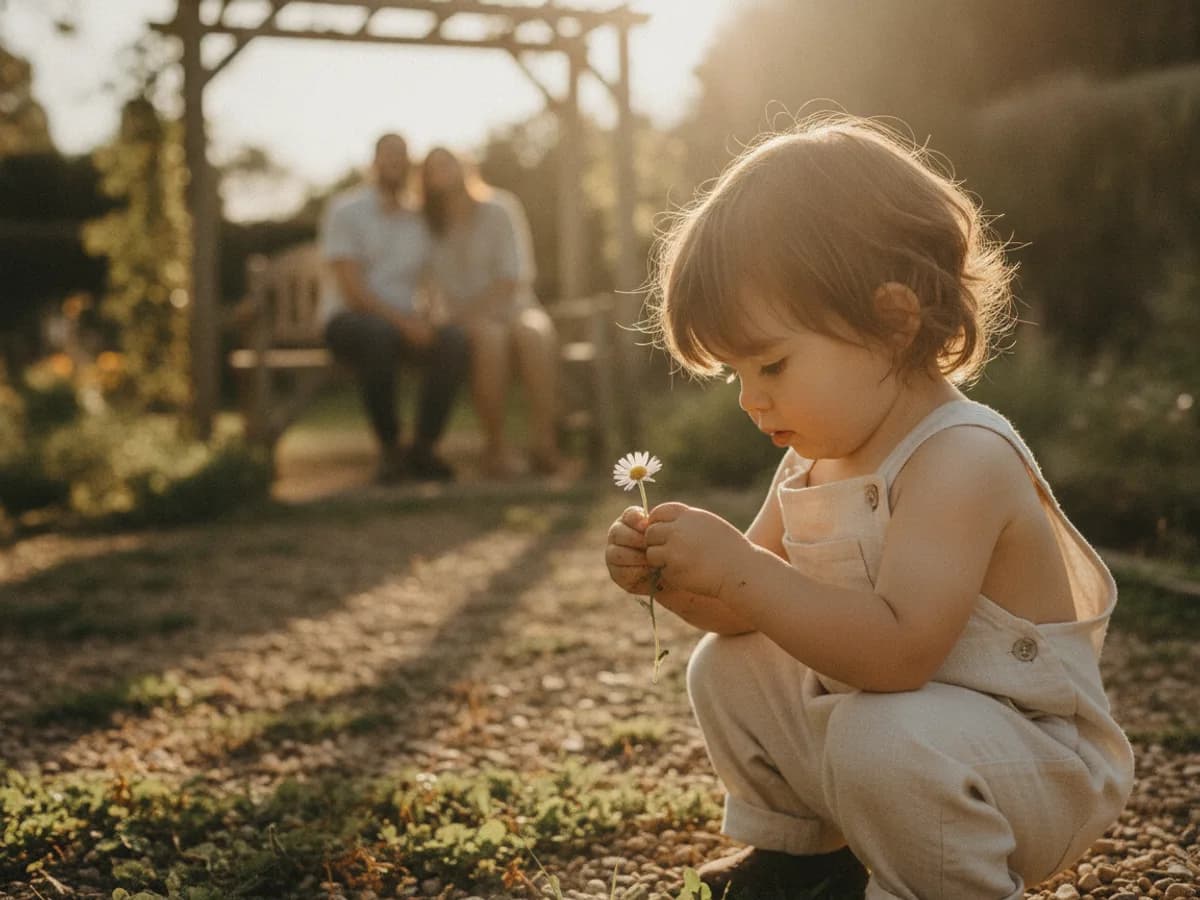 Kinder spielen im Garten, Eltern lachen im Hintergrund