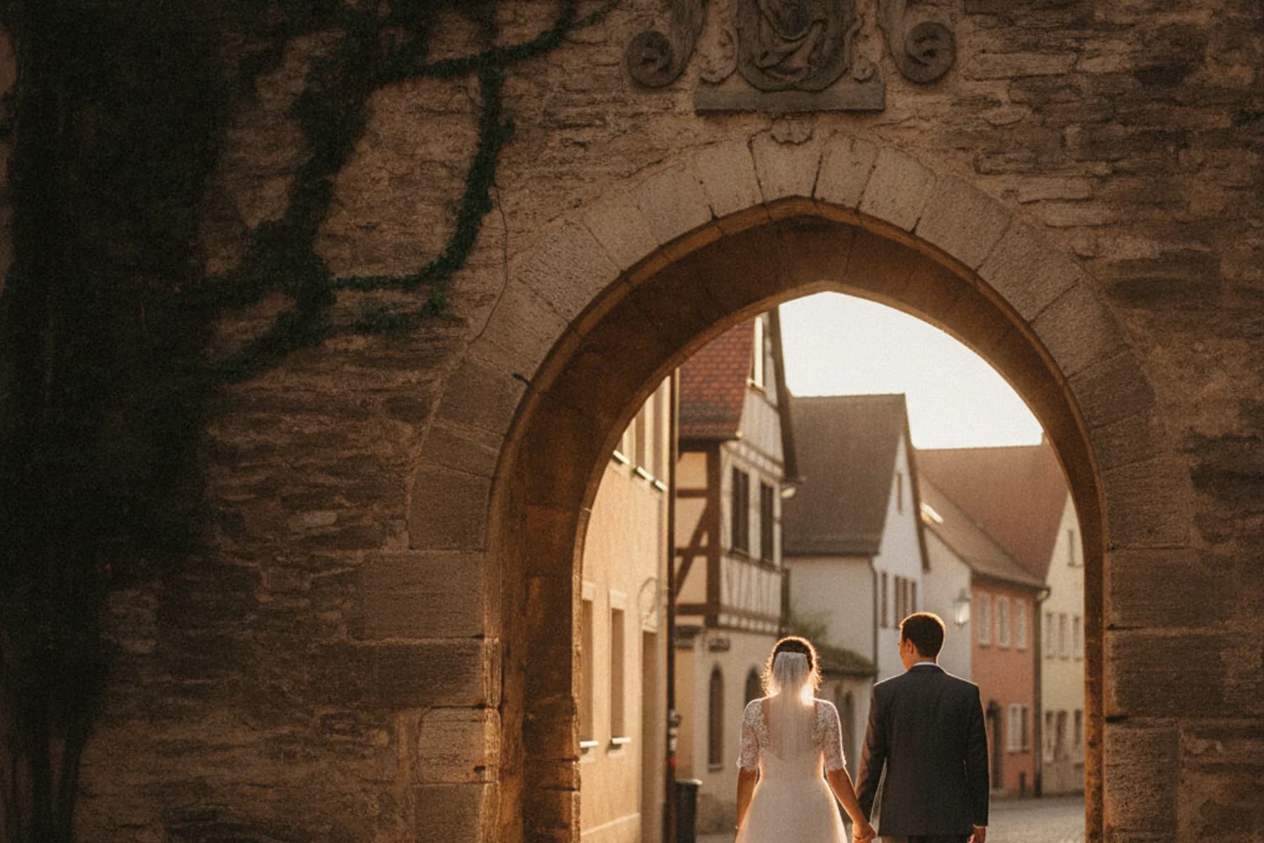 Brautpaar geht Hand in Hand durch die Landsberger Altstadt im goldenen Abendlicht